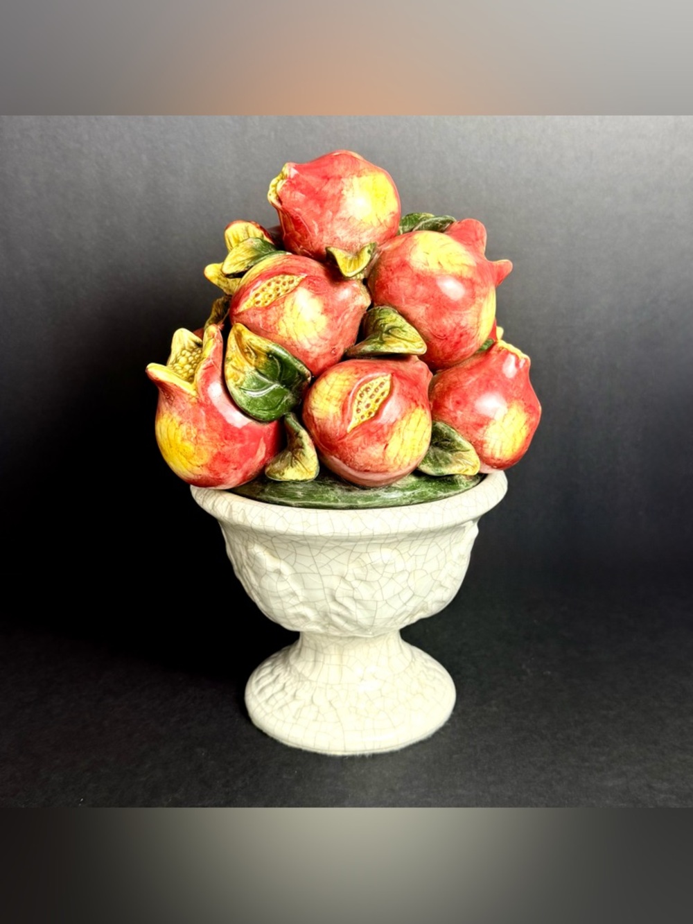 Vintage Ceramic Pomegranate Topiary Table Centerpiece Decor Hand Painted 10.5x7”